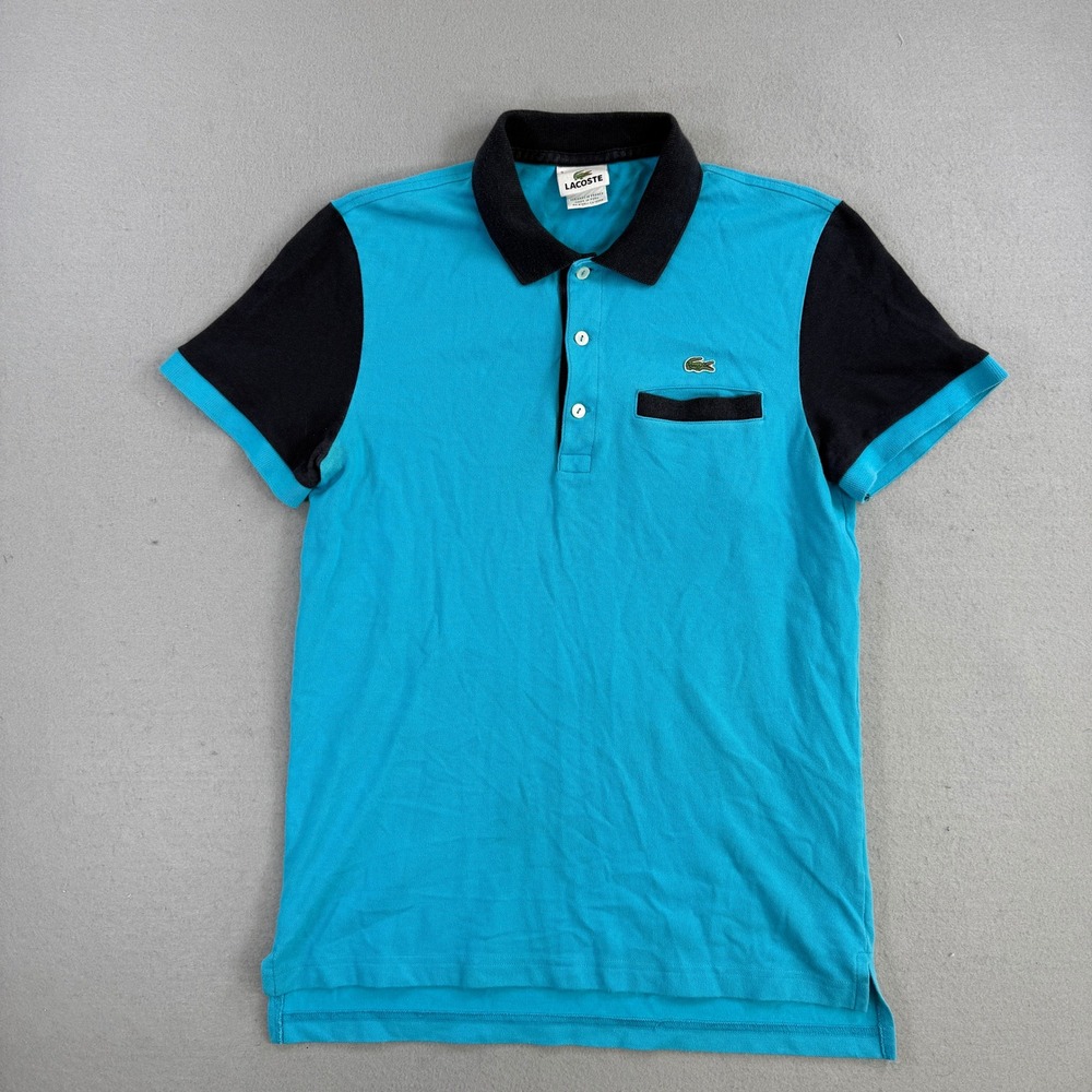 Lacoste Polo Shirt Mens 3 Blue Black Colorblock Pocket Pique Short Sleeve Peppy